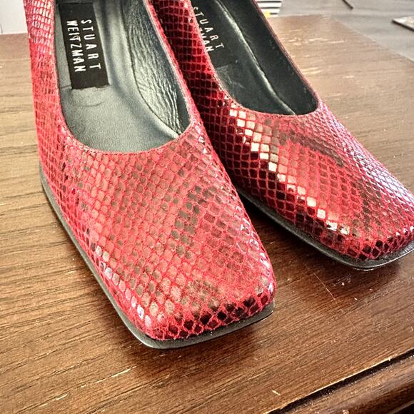 Stuart Weitzman Pumps Red Burgundy Snakeskin Leather Block Heel Size 8.5 - Picture 3 of 6
